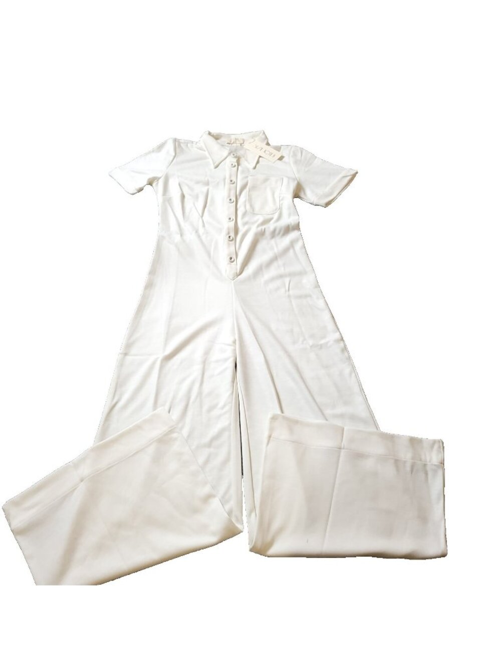 Suzie Kondi Womens Medium Ponte Jumpsuit Ivory Short Sleeve One PC Button Wide